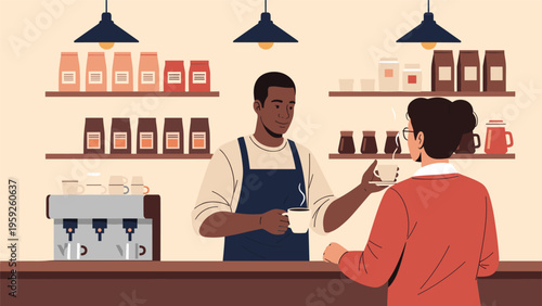 Professional male barista in blue apron serves hot cup of coffee to female customer at dark counter in cozy modern coffee shop cafe.