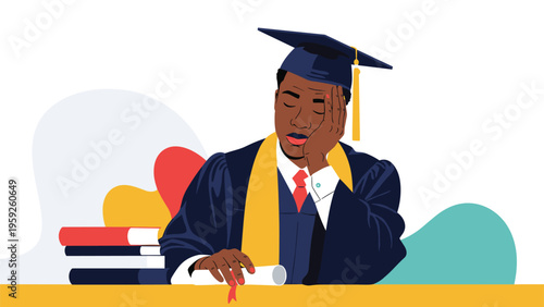 Young black male graduate in a cap and gown looking down sadly or tiredly while sitting at a desk with several academic books.