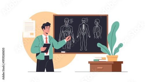 Male teacher or professor in a green jacket pointing at a blackboard showing human anatomy diagrams during a medical university lecture.