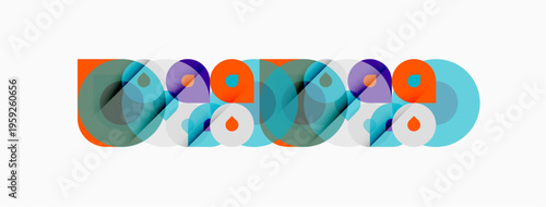 Abstract geometric shapes overlap, creating colorful patterns. Circles, rectangles, transparency define composition. Modern design element.