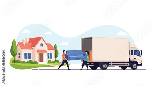Professional movers carrying a blue sofa into a moving truck parked in front of a new house to illustrate the process of relocation.