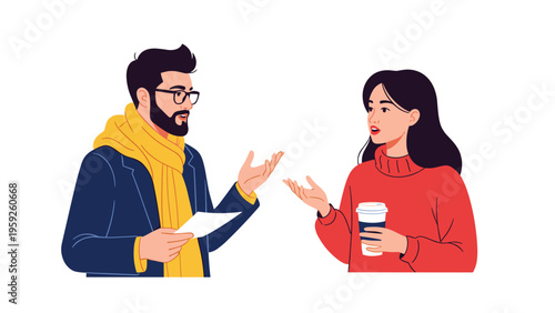 Intellectual man with glasses and a yellow scarf talking to a young woman holding a coffee cup during a casual social meeting.