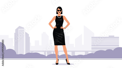 Elegant woman in a black dress and sunglasses standing confidently with her hands on her hips against a minimalist city skyline.