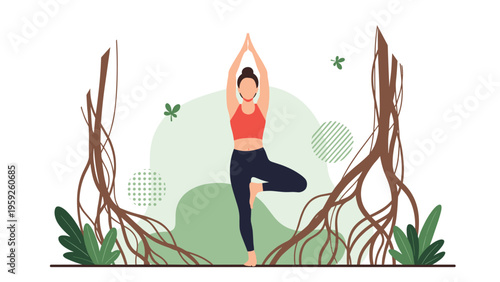 Woman practicing a yoga tree pose in a natural setting with stylized tree roots and green leaves for wellness and mindfulness.