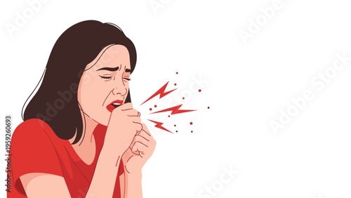Young woman coughing into her hands with red symbols illustrating pain or a strong cough to represent illness or common flu.