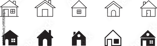 Web home icon set, simple house symbol, flat real estate sign, main page pictogram, filled thin line outline stroke styles, isolated vector illustration