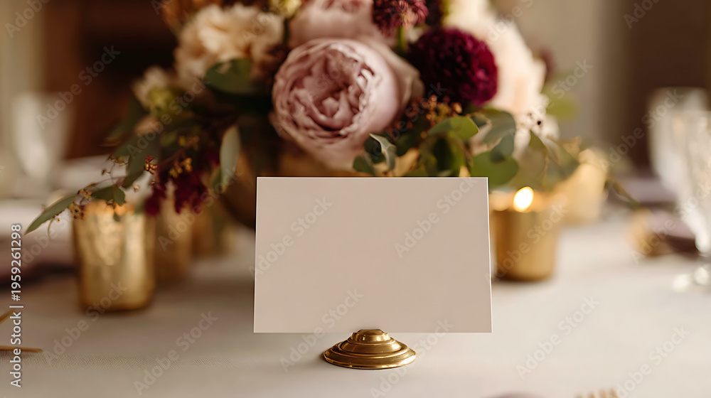 Obraz premium Blank place card stand on a white tablecloth with a floral centerpiece and candlelit ambiance, perfect for event customization