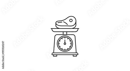 Meat steak on kitchen scale, food weight measurement, healthy eating concept