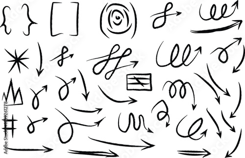 Hand-drawn arrow doodles and graphic elements, black ink on white background, abstract design symbols
