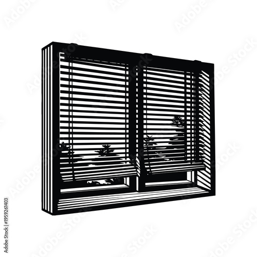 Interior window with horizontal venetian blinds and city view outline illustration.