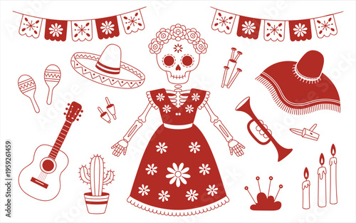A festive collection of hand drawn Mexican Day of the Dead celebration icons set