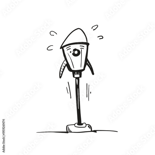 Isolated vector art illustration of a fun cartoon man wearing a hat and mask in a red silhouette with a light white bird icon