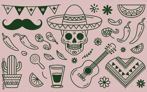 Collection of hand drawn mexican theme icons featuring a sugar skull and guitar