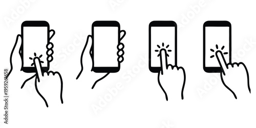 Vector illustration of hand holding and interacting with smartphone screen with finger clicks and taps