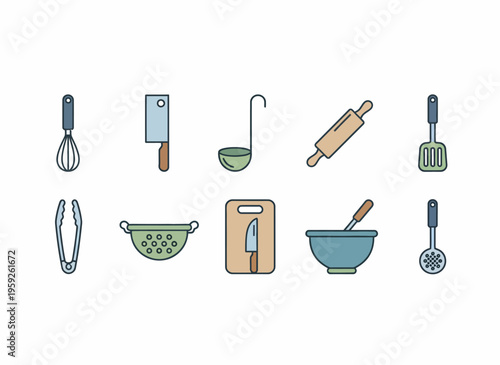 Various kitchen utensils and tools laid out on a surface for cooking.