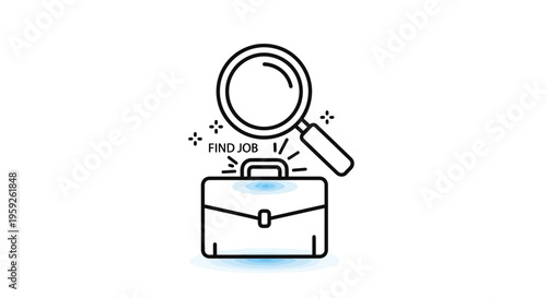 Magnifying glass over briefcase with 'Find Job' text, symbolizing job search and career opportunities