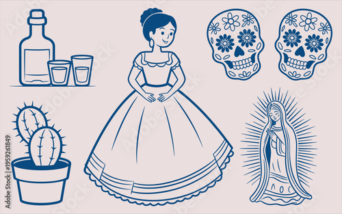 Set of hand drawn Mexican culture icons featuring traditional girl sugar skulls and tequila
