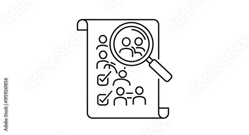 Magnifying glass over checklist with people icons, recruitment and HR concept