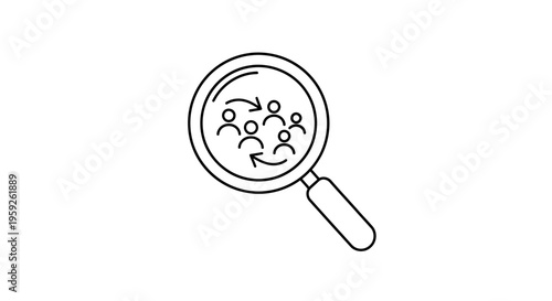 Magnifying glass over group of people icons, concept of team analysis, recruitment, and HR