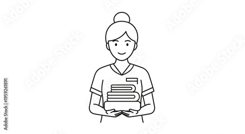Maid Holding Stack of Clean Folded Towels, Housekeeping Service Icon