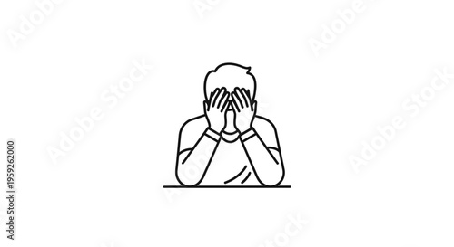 Man covering face with hands, feeling stressed, frustrated, or embarrassed. Line art illustration.