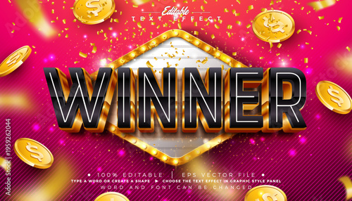 Winner 3D Text Effect Design Editable and Scalable Vector Graphic Style Effect with Shadow and Gold Black Typography Lettering, Casino Coin and Falling Confetti on Shiny Red Background. Premium Luxury