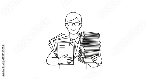 Man holding stack of papers, office worker with documents, paperwork and bureaucracy concept