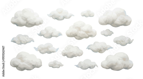 Collection of Soft White Cloud Formations in Clear Sky for Nature and Weather Themes