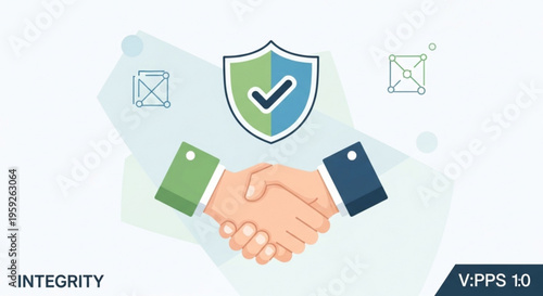 Business handshake with shield and checkmark symbolizing trust and integrity in partnership