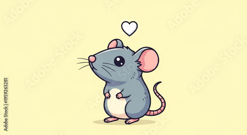 Cute cartoon mouse with heart thought bubble on yellow background standing and looking up with love expression
