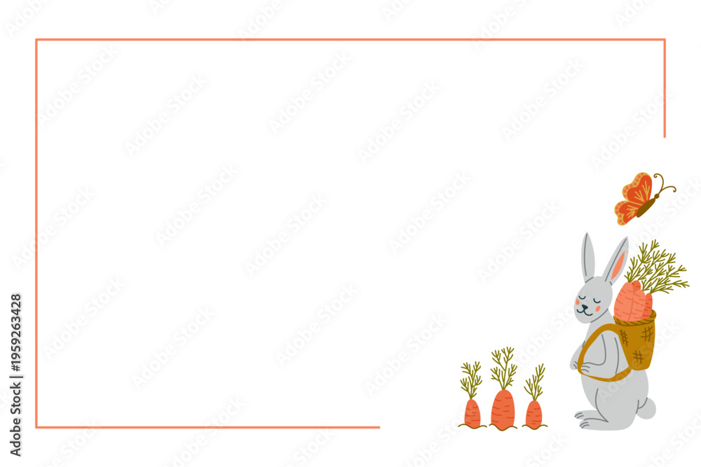 Fototapeta premium Cute gray rabbit carrying a backpack filled with carrots and greenery, accompanied by a butterfly, with a blank space for text on a white background