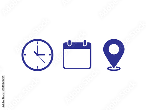 Outline icons for precise scheduling include a clock face, an empty date box, and a location pin pointer on white.