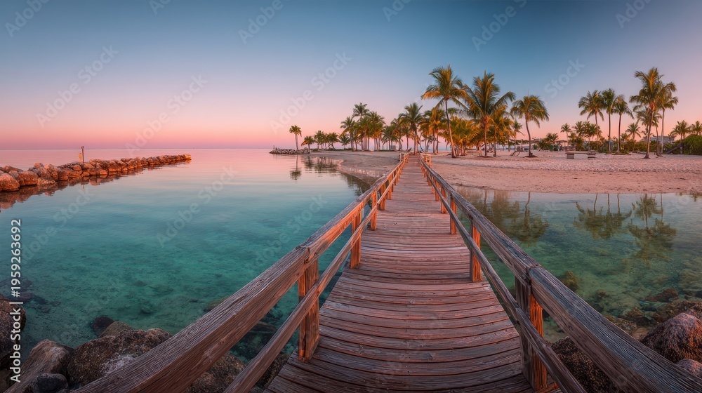 Fototapeta premium Panoramic sunrise over a wooden footbridge to Smathers Beach, Key West, Florida