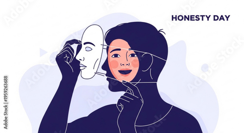 Person holding white comedy and tragedy mask honesty day dual personality inner conflict emotional expression illustration