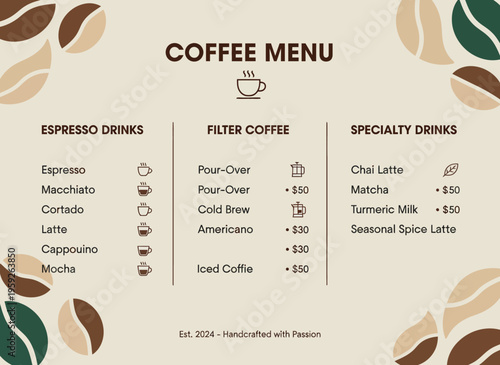A coffee menu displays various drinks on a decorative background with coffee beans.