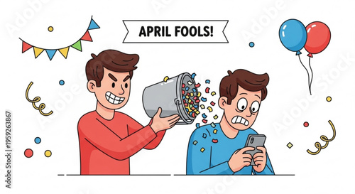 Two men celebrating april fools' day with prank and confetti