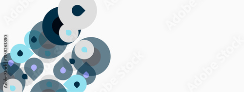 Abstract circles, varying shades blue, gray. Minimalist design, clean background, modern aesthetic. Composition focuses upper left corner.