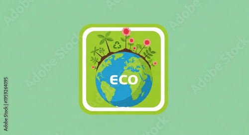 Eco friendly globe icon with green earth plants and flowers on a light green background for sustainable concepts