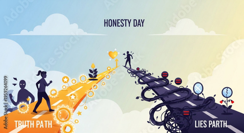 Honesty day illustration with truth path and lies path roads diverging symbolizing choices between honesty and deception