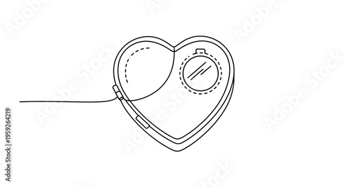 Heart-shaped locket with mirror, continuous line drawing, minimalist, romantic symbol