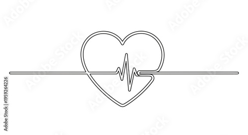 Heartbeat line art, EKG pulse, medical symbol, continuous line drawing, health concept