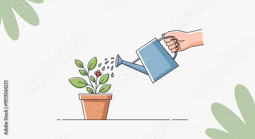 Hand watering a small potted plant with green leaves and a brown pot on a white background with green leafy elements