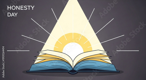 Honesty day concept with open book and sunbeam symbolizing truth and knowledge on a dark background