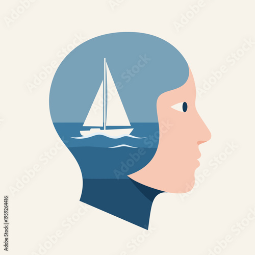 Sailboat Inside Human Head Profile.