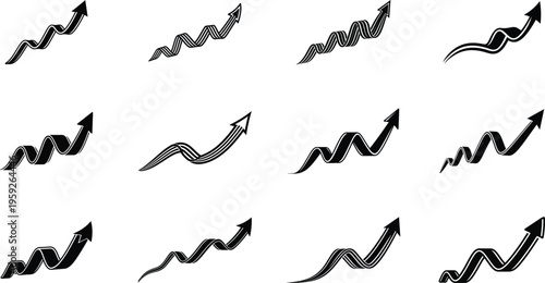 Wavy 3D arrow set with 12 vector elements, rising business growth arrows in black and grey, upward financial trend icons for data visualization