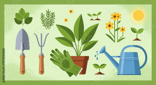 Gardening tools and plants with watering can on green background illustrating gardening and horticulture concepts