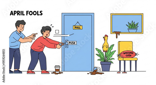 Two men pranking each other with confusing door signs in a room with plants and furniture