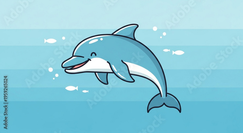 Cartoon dolphin swimming happily in ocean water with small fish