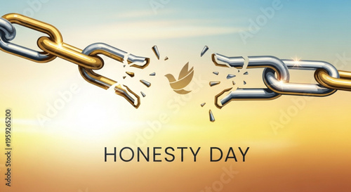 Breaking free chain with dove flying out at sunset on honesty day