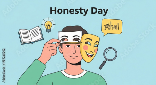 Man with two masks on honesty day symbolizing truth and deception with book and magnifying glass